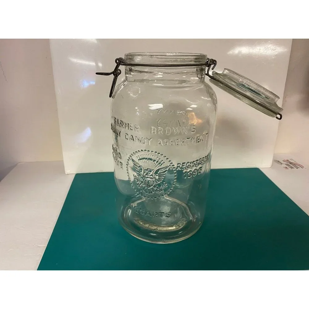 1966 Vintage Farmer Brown’s Penny Candy 4 Quart Mason Jar Wire Bale top/handle